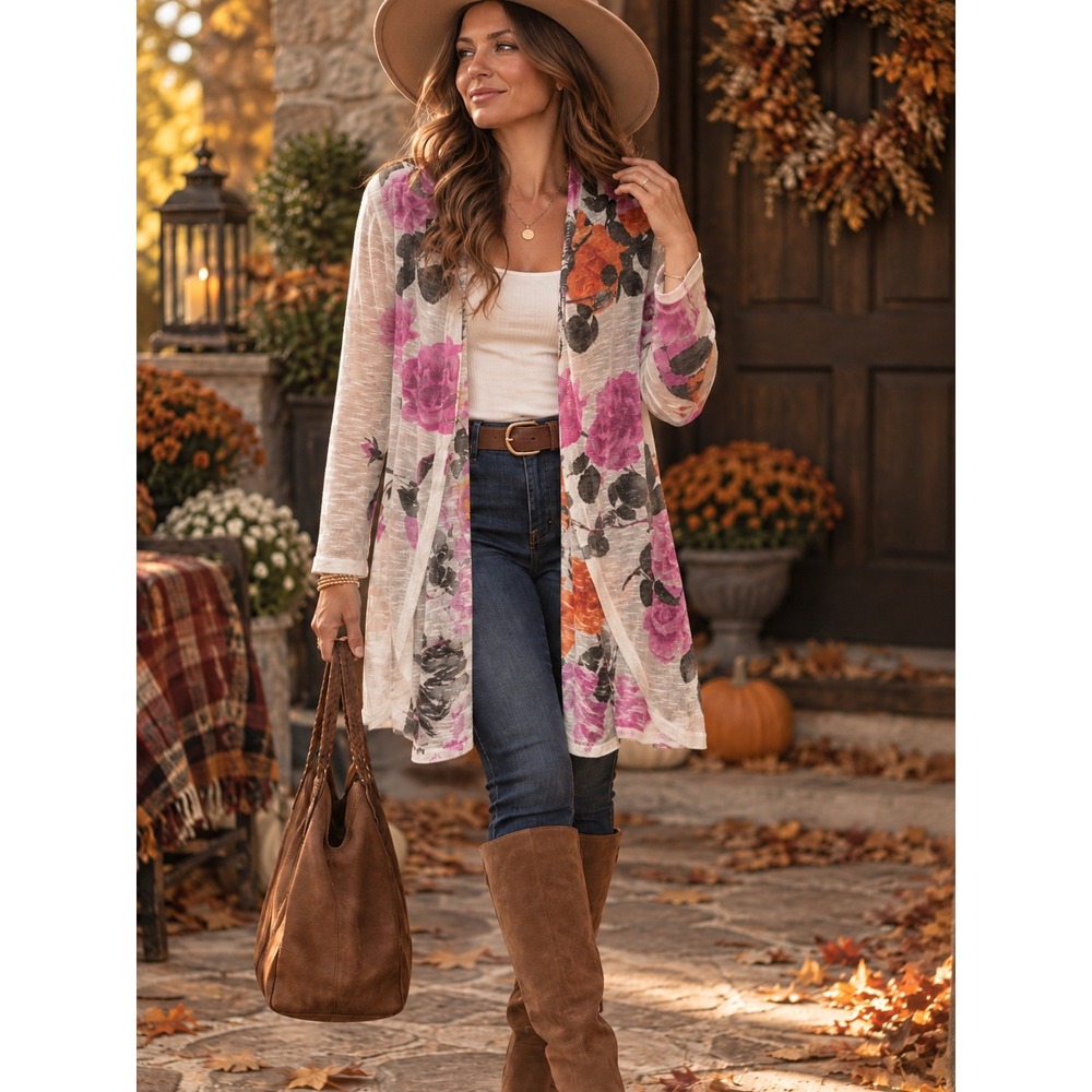 INC International Concepts Floral Slub Knit Open Front Cardigan Cream Pink L